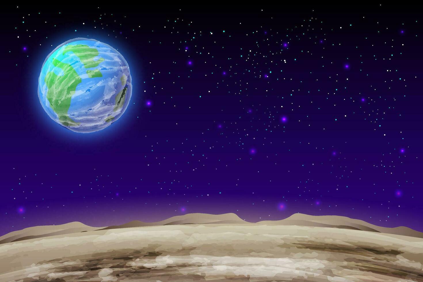 Planeten im Raum mit Meteor Satelliten und Asteroiden im dunkel sternenklar Himmel, Erde, Galaxis, Kosmos, Universum, futuristisch Fantasie Aussicht Hintergrund zum Computer Spiel. Karikatur Vektor Illustration