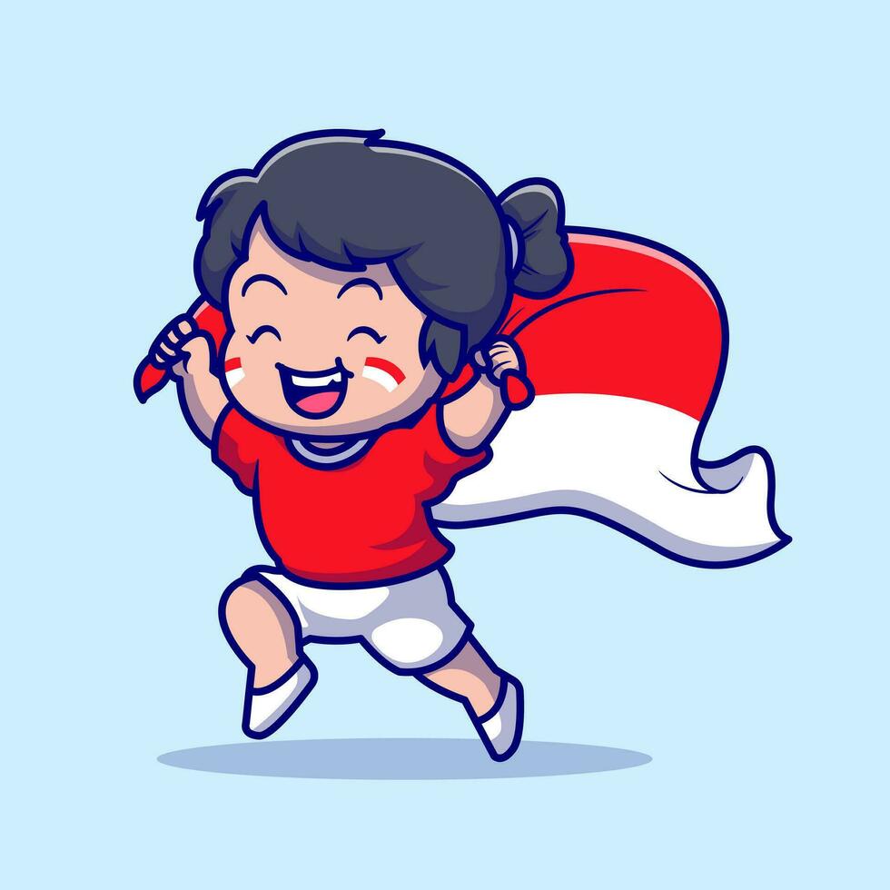 söt flicka innehav indonesiska flagga tecknad serie vektor ikon illustration. människor Semester ikon begrepp isolerat premie vektor. platt tecknad serie stil