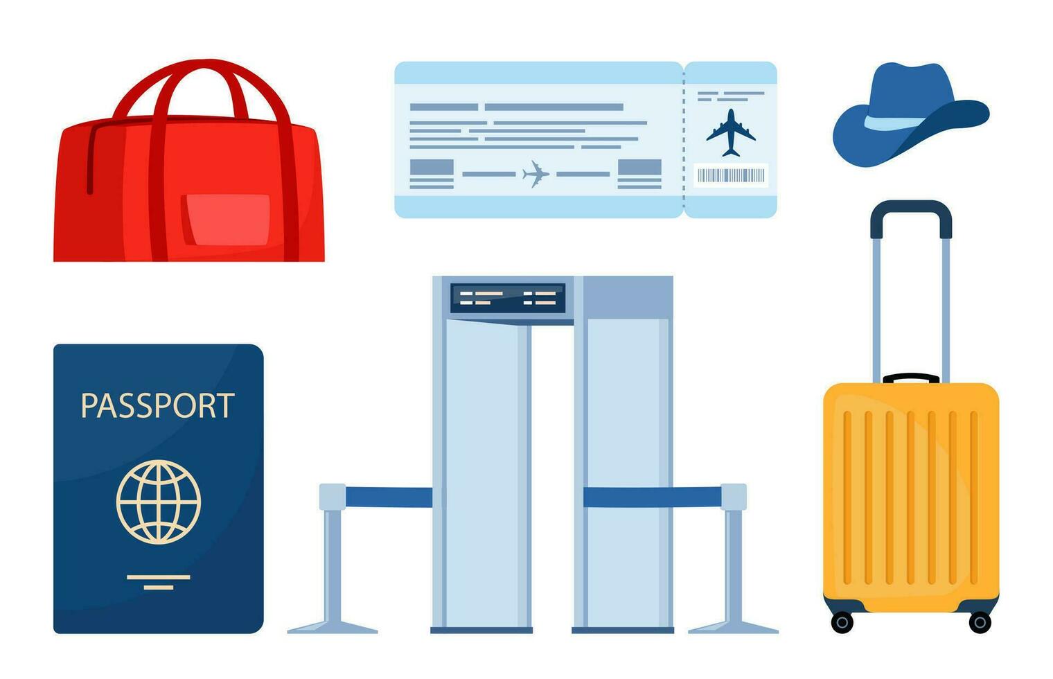 flygplats terminal design element. reser förbi plan, uppsättning av objekt. bagage, metall detektor, luft biljett, pass, information panel, vardagsrum säten. luft resa begrepp. turism. vektor illustration.