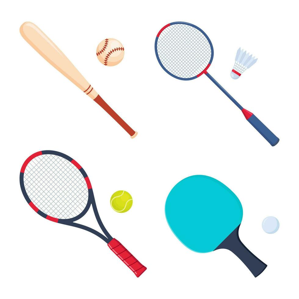 Sport Ausrüstung zum Tennis, Badminton, Baseball, Tabelle Tennis. Schläger, Bälle, Federball, Stock. Vektor Illustration.