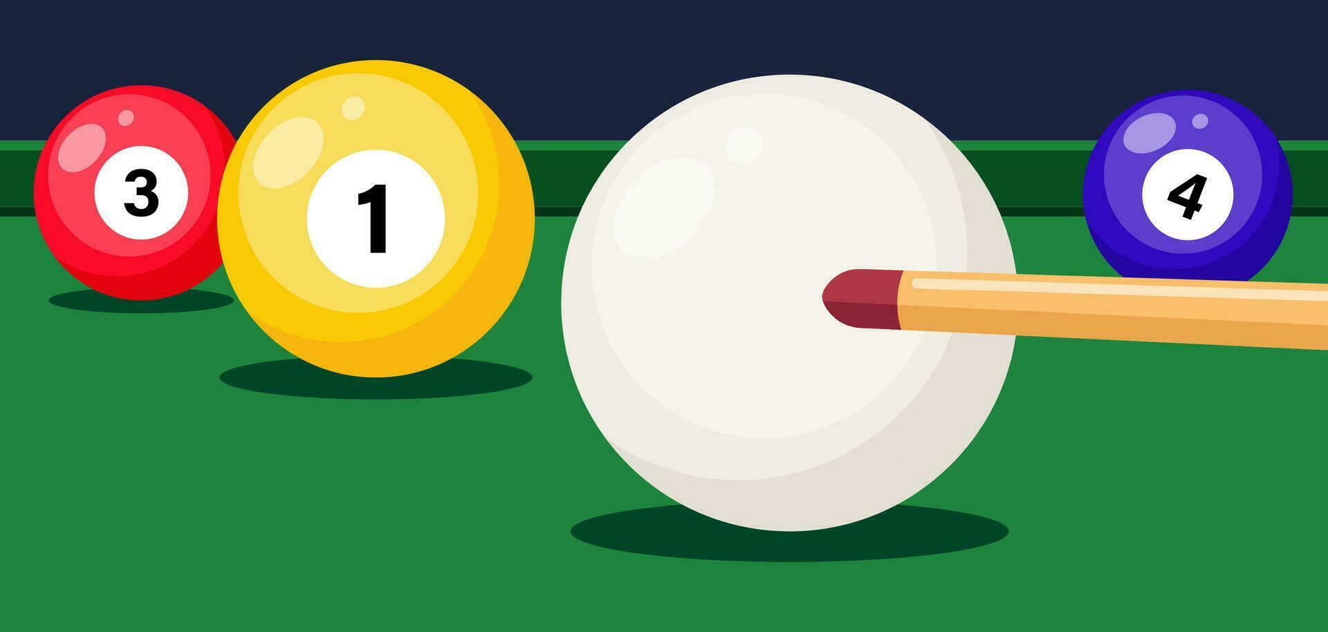 Billard- Tabelle mit Stichwort schlagen Spielen Ball. Billard- Zimmer. Billard- Bälle schließen hoch. Snooker oder Schwimmbad Sport spielen, Banner Vorlage. Vektor Illustration.