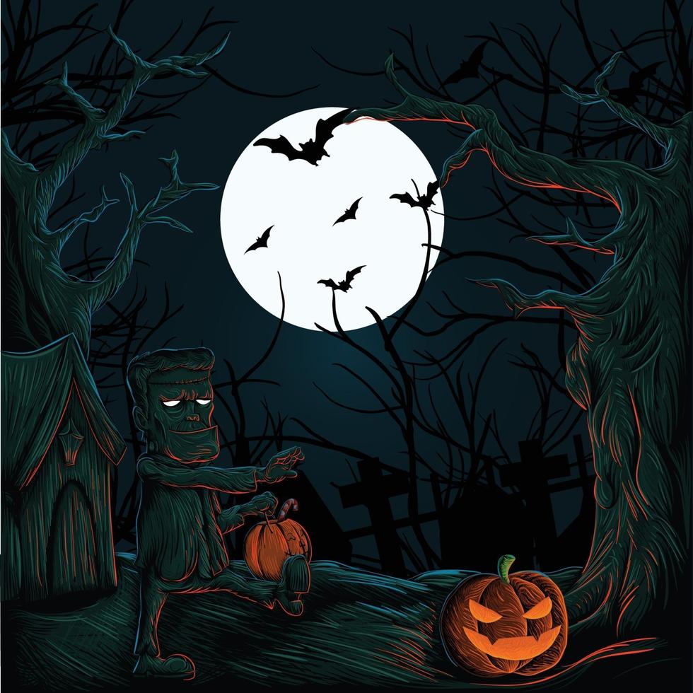 Halloween Spukhaus mit Kürbissen Geister Fledermäuse und Monster vektor