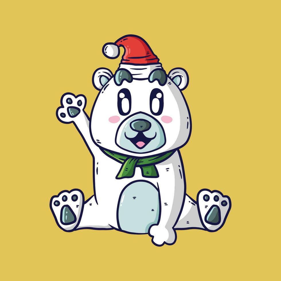 süß Polar- Bär im rot Hut, Grün Schal Sitzung und winken seine Pfote. komisch Karikatur Illustration zum Weihnachten. vektor