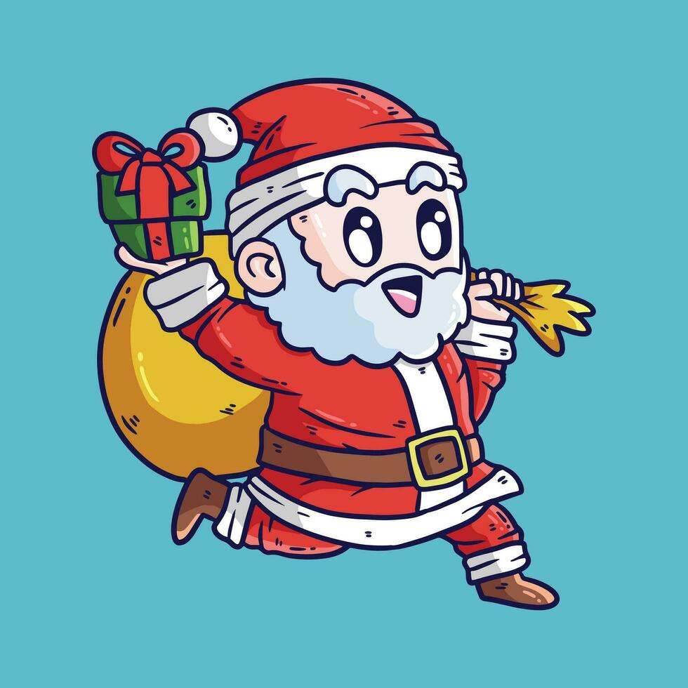 süß Karikatur Illustration von Santa claus rennen und bringen Weihnachten Geschenke. süß Santa Karikatur Vektor Illustration