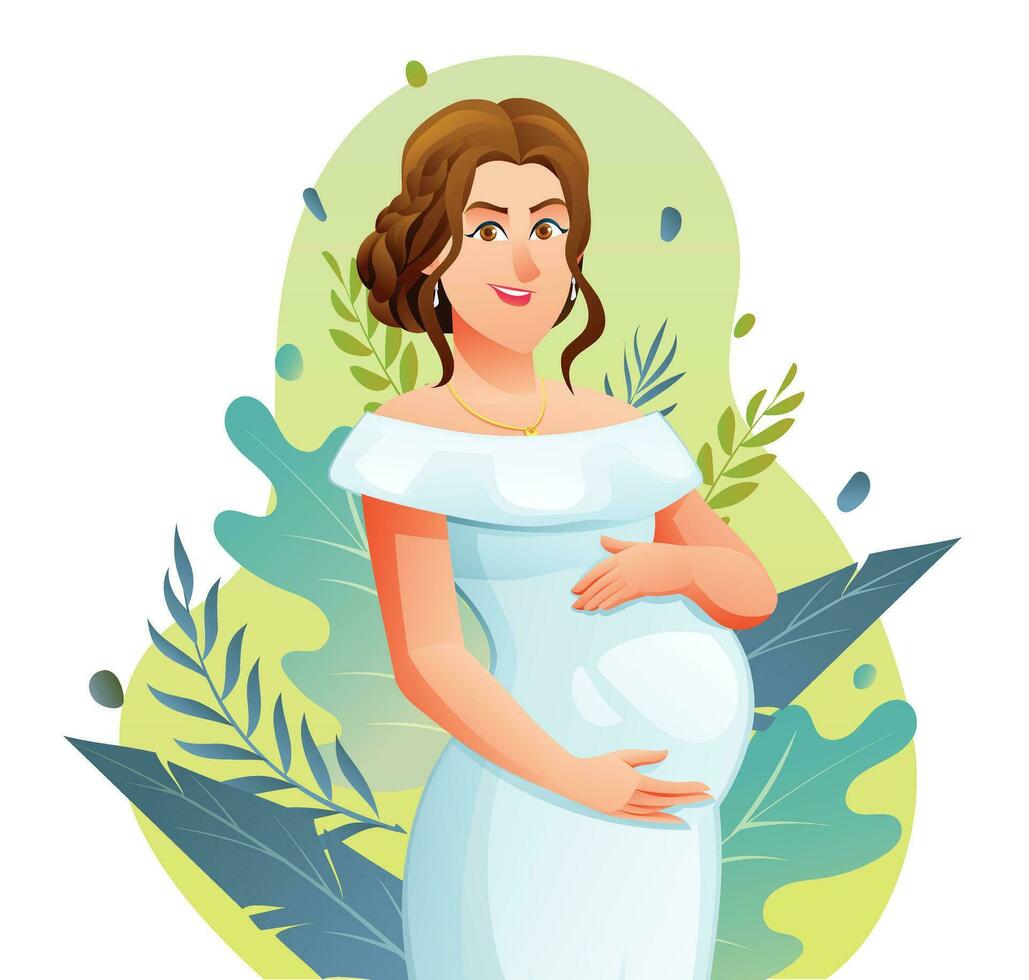 glücklich schwanger Frau umarmen ihr Bauch auf natürlich Hintergrund mit Blätter. Vektor Karikatur Illustration