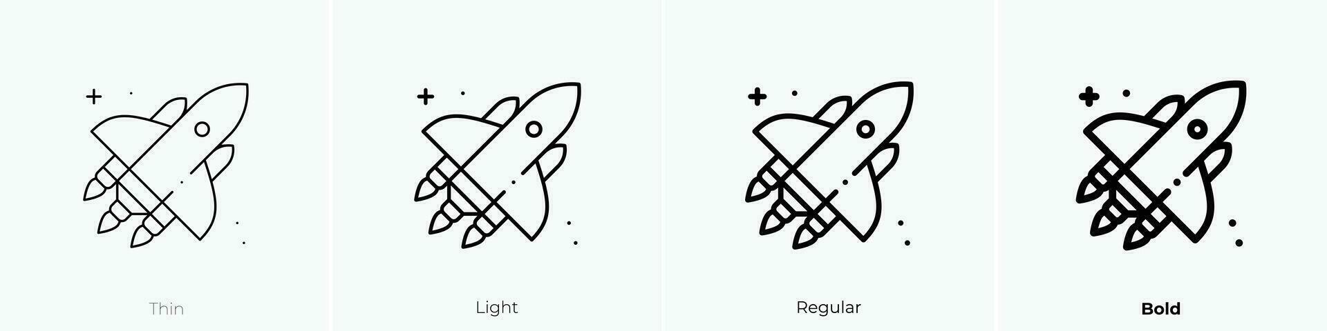 Rakete Symbol. dünn, Licht, regulär und Fett gedruckt Stil Design isoliert auf Weiß Hintergrund vektor