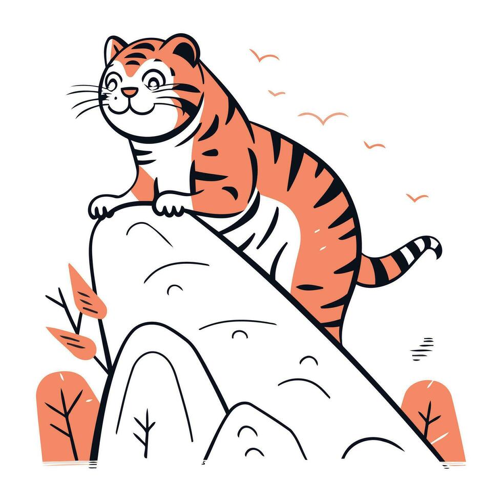 söt tiger sitter på en sten i de skog. vektor illustration.