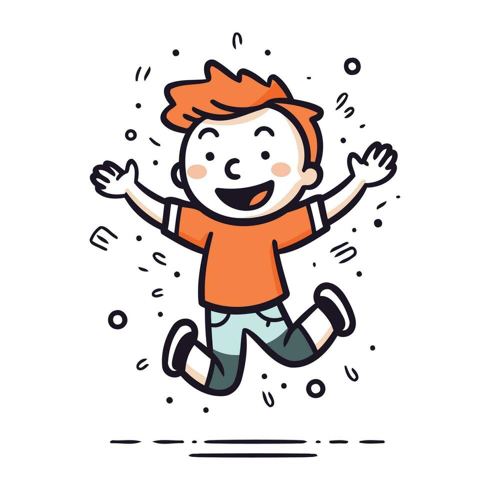 Lycklig liten pojke Hoppar i de luft. söt vektor illustration.
