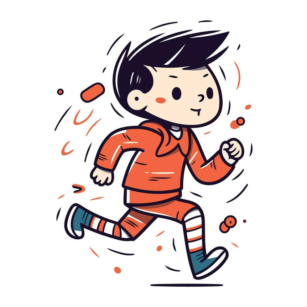 löpning pojke i röd sportkläder. vektor hand dragen illustration.
