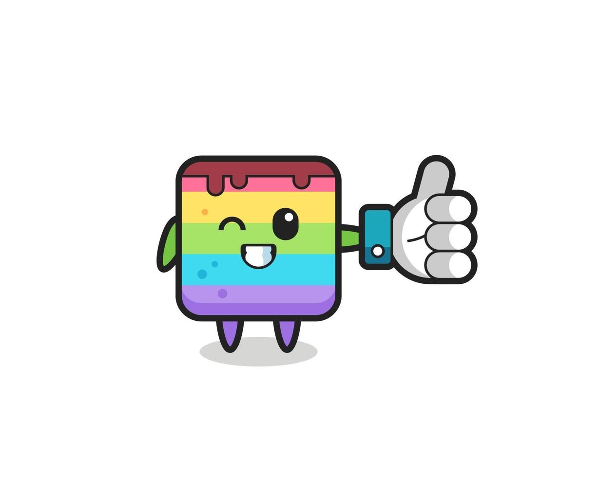 süßer Regenbogenkuchen mit Social Media Daumen hoch Symbol vektor