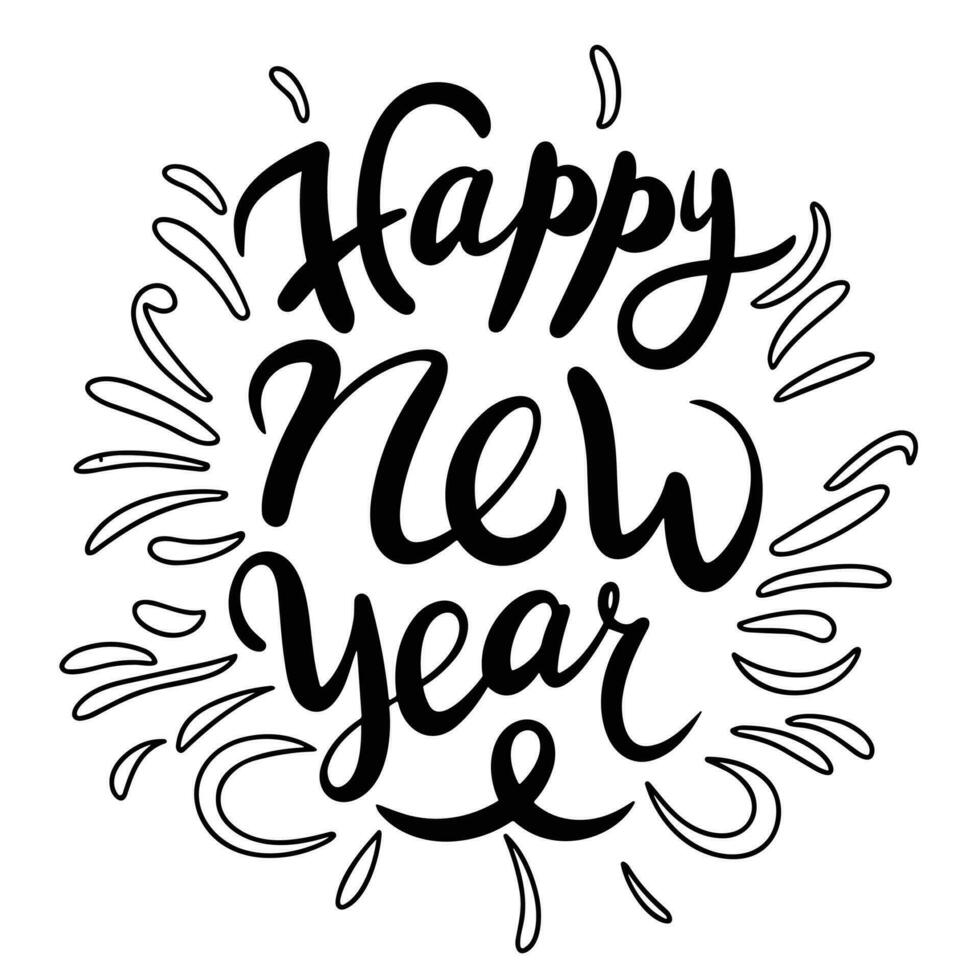 Lycklig ny år text baner. Lycklig ny år ord svart fyrkant baner. handstil kalligrafi text Lycklig ny år. hand dragen vektor konst.
