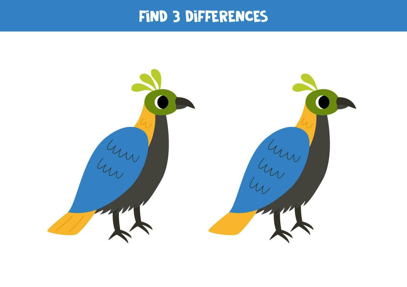 hitta 3 skillnader mellan två söt tecknad serie monal fåglar. vektor