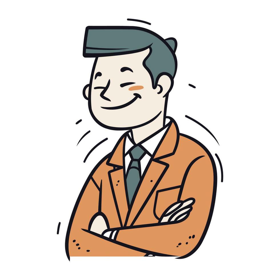 vektor illustration av en leende affärsman i en kostym med korsade vapen.