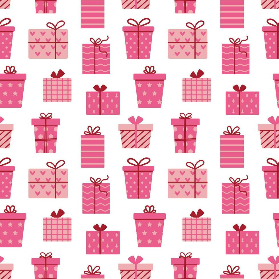 vektor valentines dag sömlös mönster med gåva lådor. Semester rosa presenterar på vit bakgrund. skriva ut med födelsedag eller valentines dag gåvor. omslag och textil- design.
