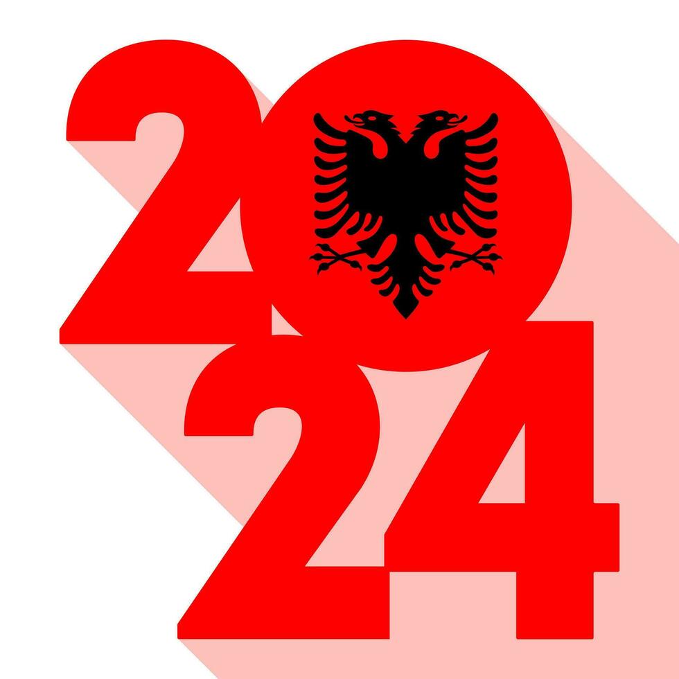 glücklich Neu Jahr 2024 lange Schatten Banner mit Albanien Flagge innen. Vektor Illustration.