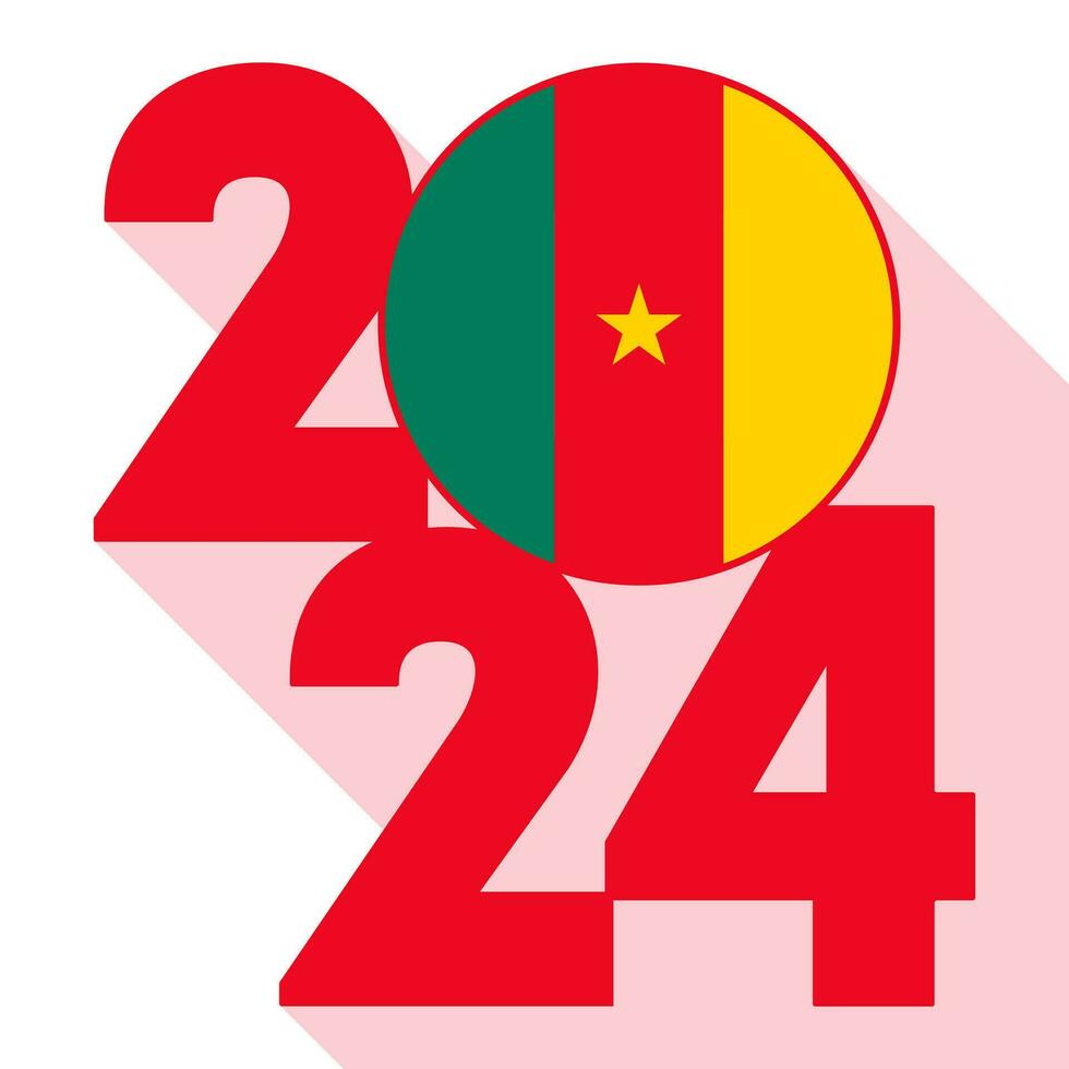 Lycklig ny år 2024, lång skugga baner med cameroon flagga inuti. vektor illustration.