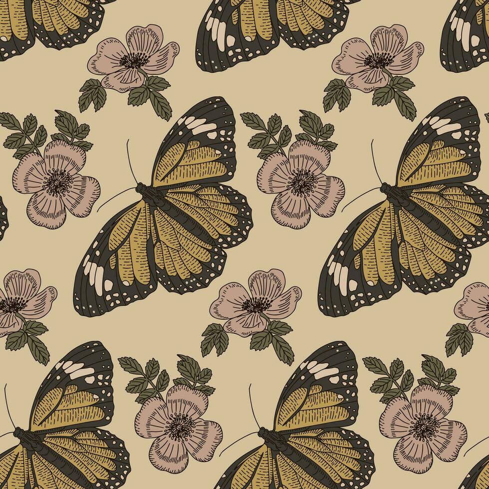 Jahrgang botanisch nahtlos Muster mit Schmetterling. Vektor Hand gezeichnet Blumen und Schmetterling im Nostalgie Stil. alt retro Muster Design zum Dekoration, Verpackung, Textil-