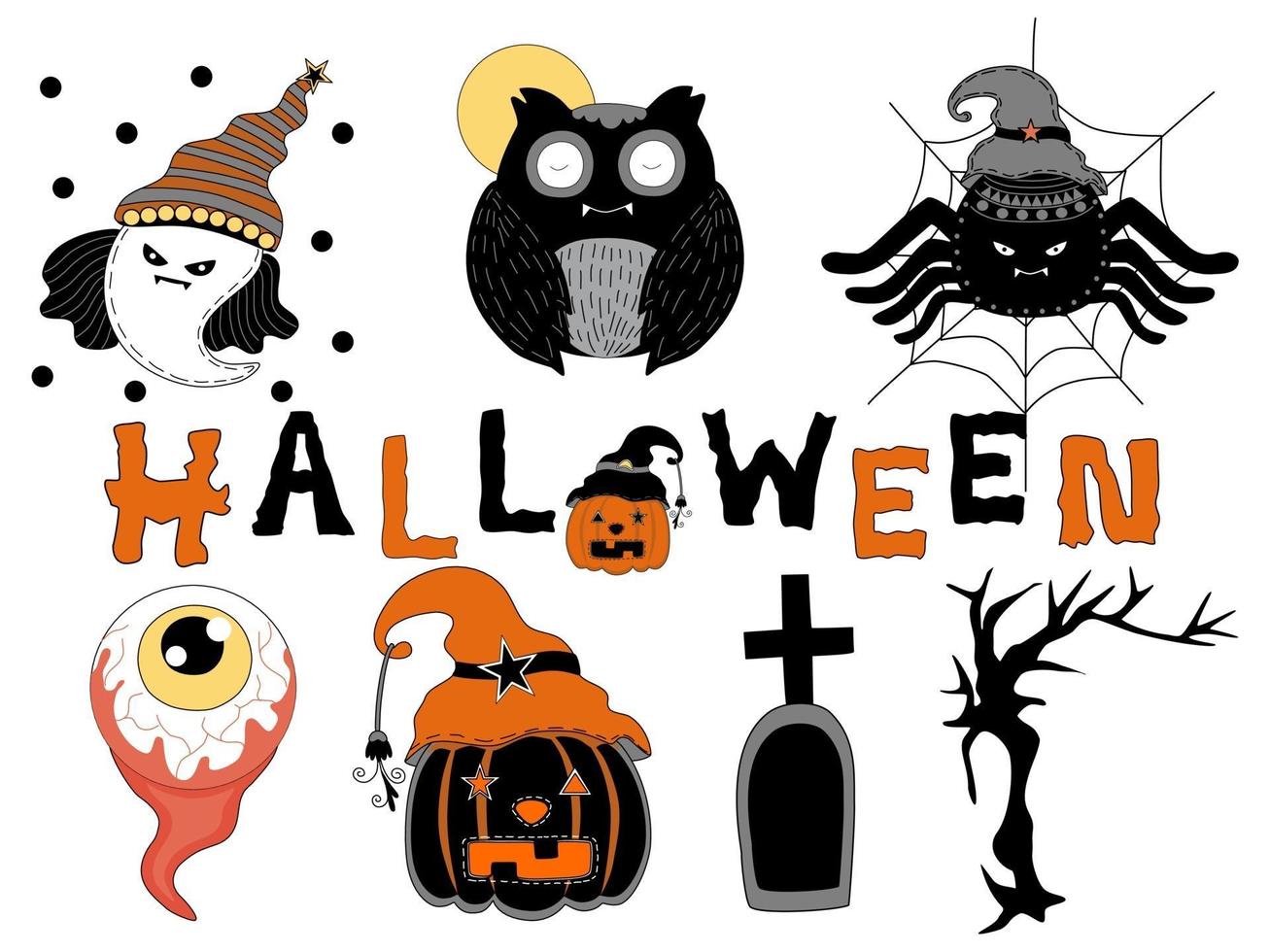 glad halloween -samling designad med doodle -stil vektor