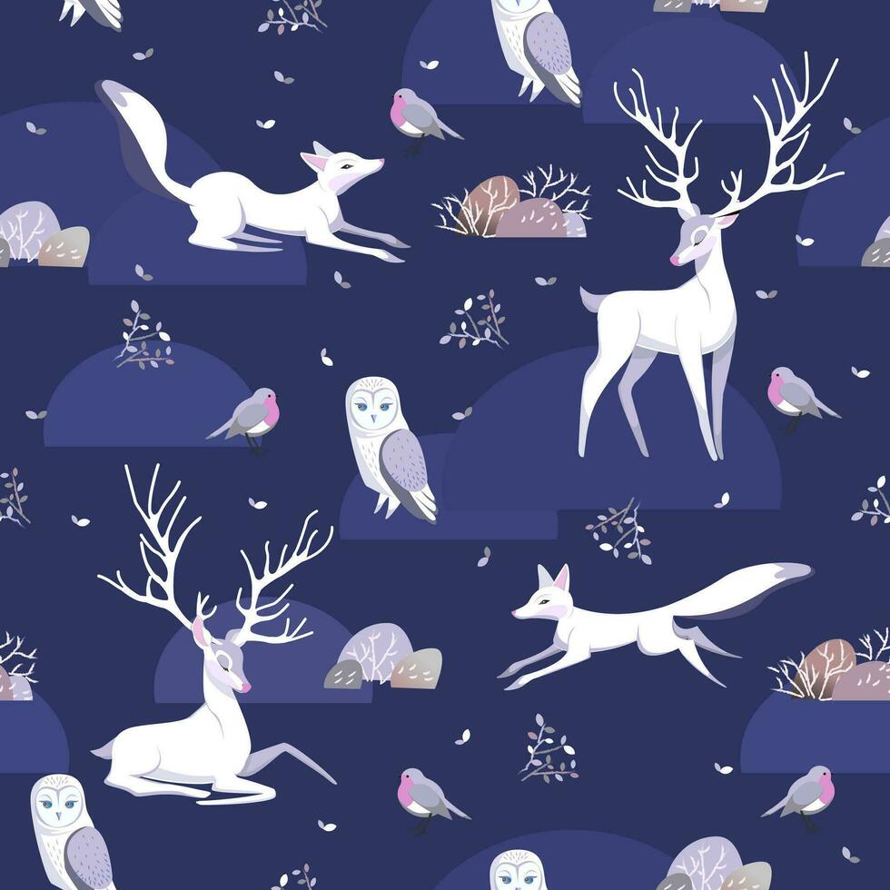 sömlös vektor mönster med söt skog djur, vit rådjur, räv och Uggla. vinter- atmosfär. scandinavian illustration. perfekt för textil, tapet eller skriva ut design. blå bakgrund