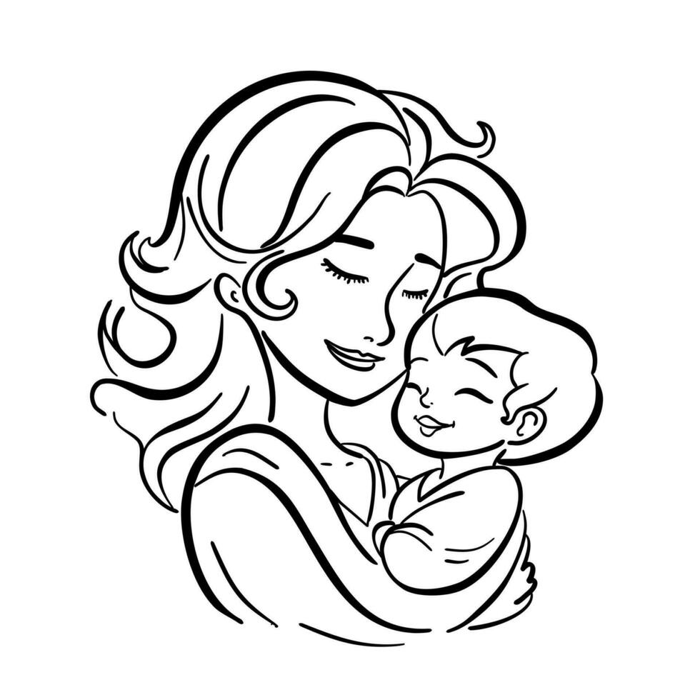 Mama hält das Kind im ihr Waffen. Mutterschaft und Kind Pflege. Vektor linear Illustration auf Weiß Hintergrund
