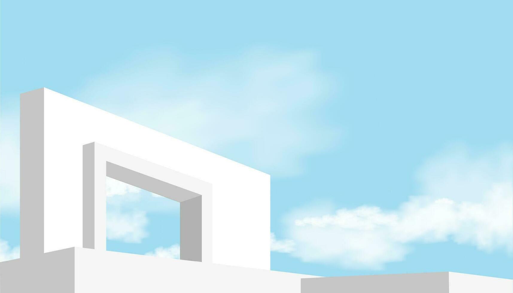 vit vägg betong med öppen fönster mot blå himmel och moln, exteriör taket vit cement byggnad, myra se minimal modern arkitektur. med sommar himmel bakgrund bakgrund för vår, sommar vektor