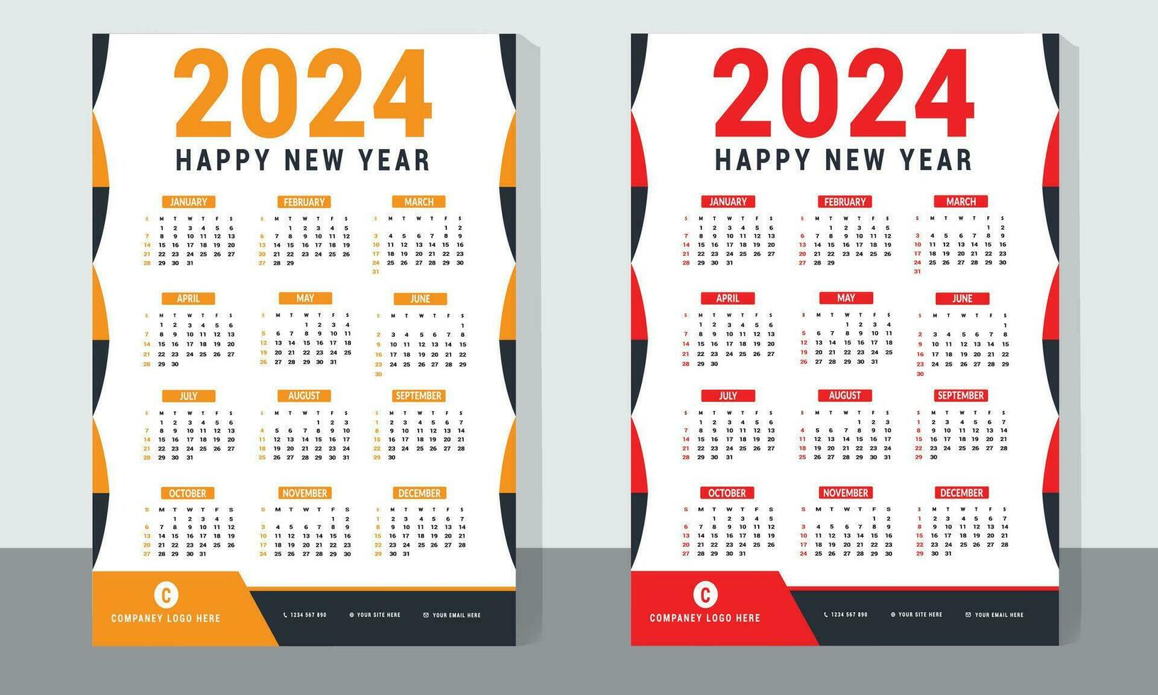 modern vägg kalender design 2024. uppsättning av 2024 kalender planerare mall med skriva ut redo ett sida vägg kalender mall design för 2024. vektor