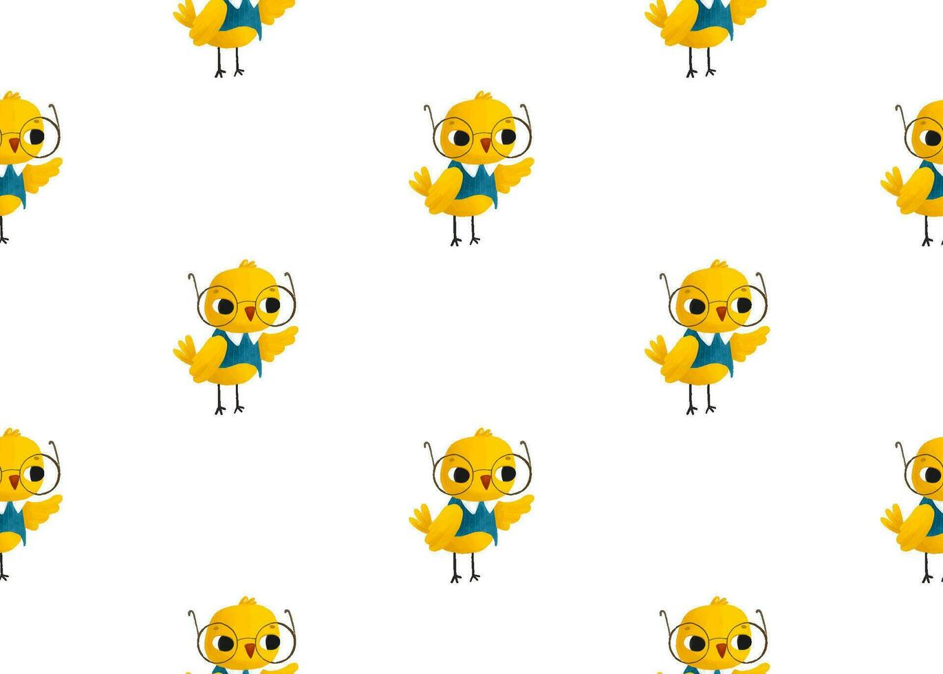 en liten gul kyckling med glasögon vågor hans hand. skola sömlös mönster för barn vektor