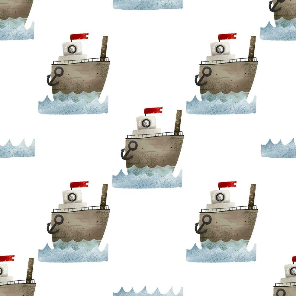 sömlös mönster med fartyg och ankare flytande på blå vågor, nautisk bakgrund. söt barnslig illustration för nyfödd båt vektor