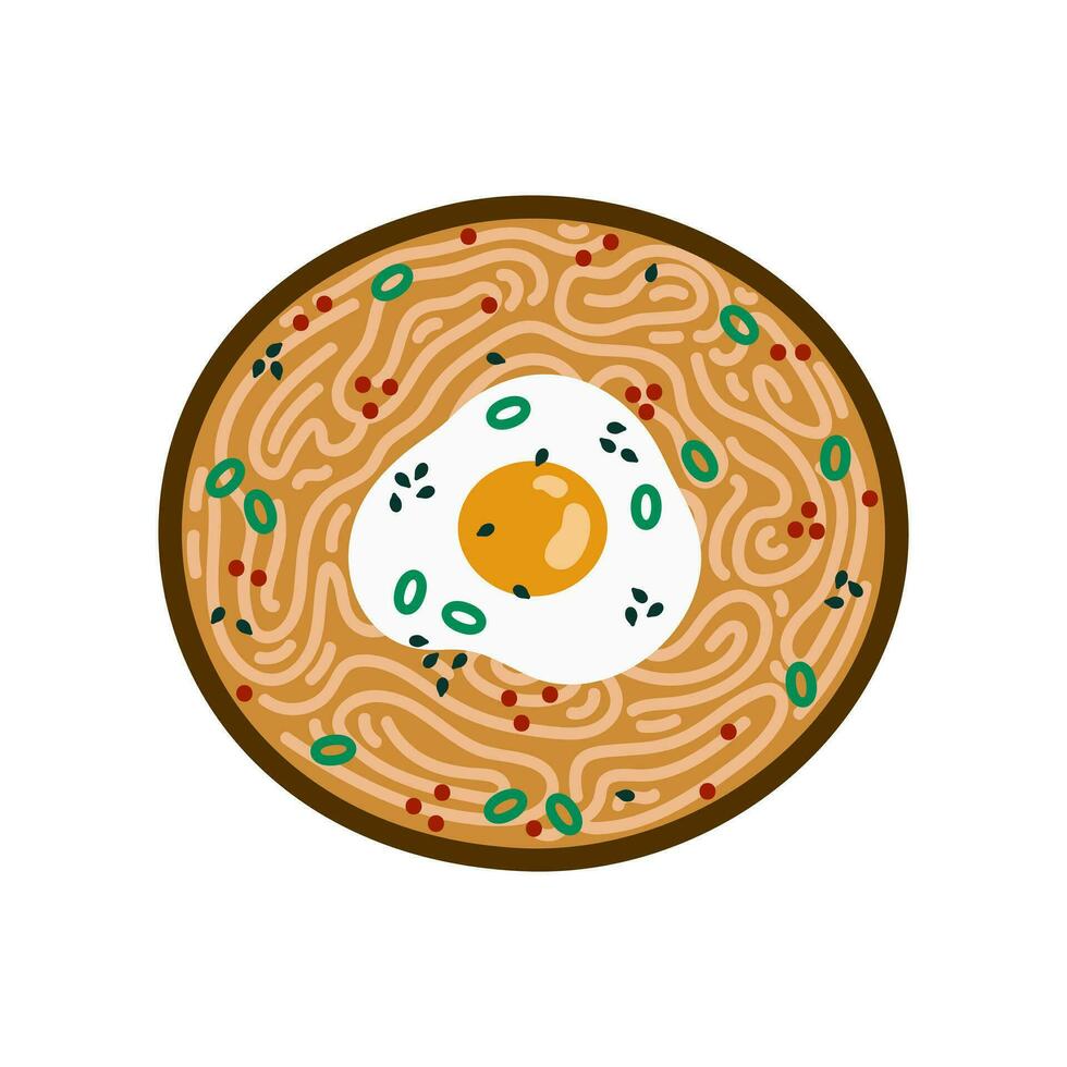 Ramen Vektor Symbol. lecker asiatisch Suppe mit Nudeln, gebraten Ei, Grün Zwiebeln, Sesam. heiß würzig Essen im ein Schüssel, oben Sicht. Hand gezeichnet Illustration isoliert auf Weiß. eben Karikatur Clip Art zum Speisekarte, drucken