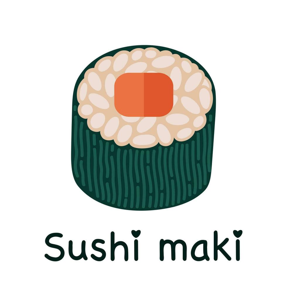 maki sushi vektor ikon. gott japansk rulla med lax eller tonfisk, ris insvept i inte jag heller tång. färsk asiatisk mellanmål, fisk delikatess. skaldjur isolerat på vit. platt tecknad serie ClipArt för bar, skriva ut, affisch