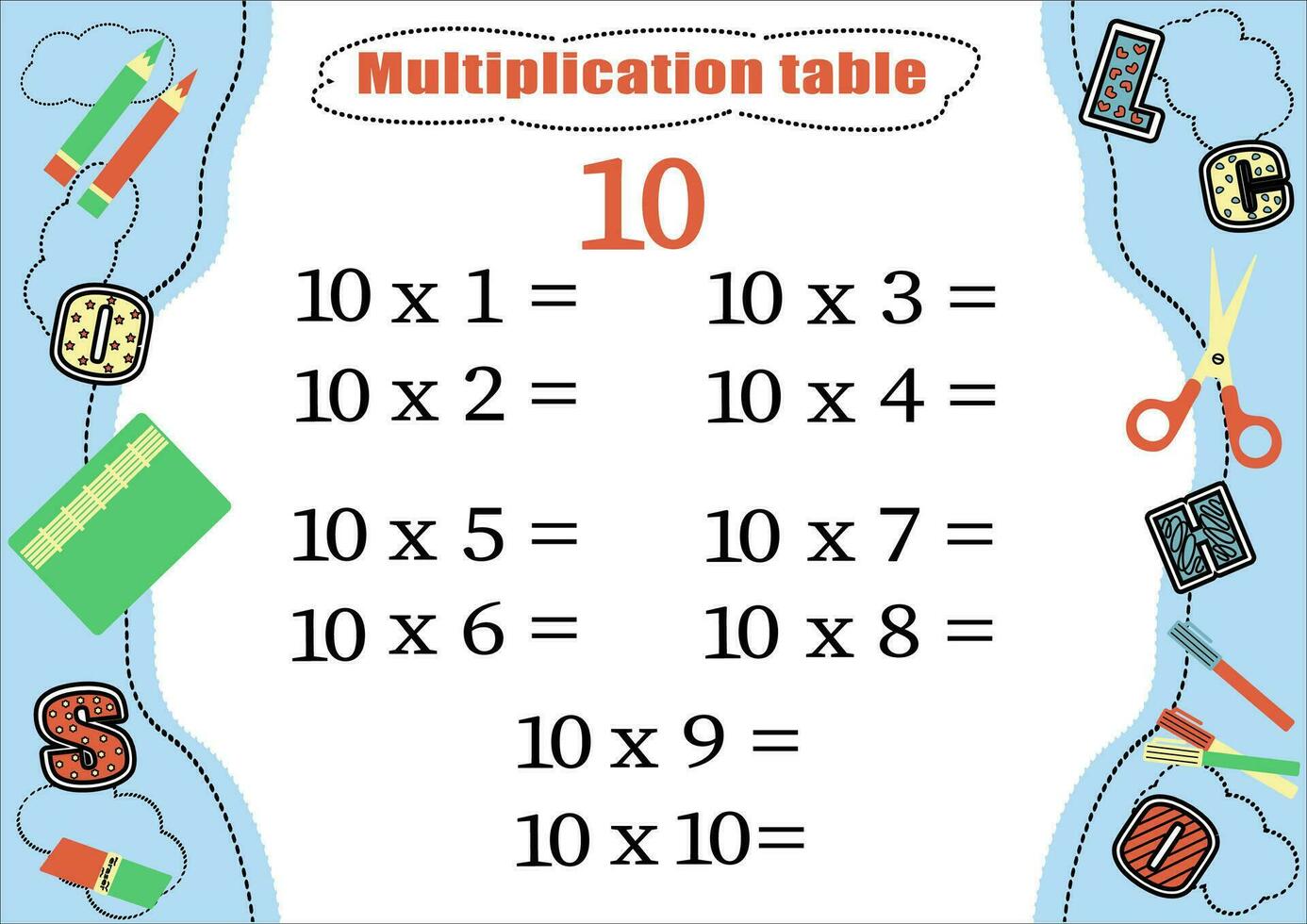 Multiplikation Tabelle durch 10 mit ein Aufgabe zu konsolidieren Wissen von Multiplikation. bunt Karikatur Multiplikation Tabelle Vektor zum Lehren Mathematik. Schule Schreibwaren. eps10