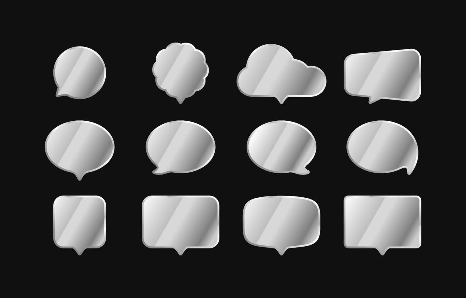 Silber 3d Rede Blase sich unterhalten einstellen isoliert auf schwarz Hintergrund. Metall, Luxus, glänzend, glänzend, Plaudern, Dialog, gestalten Vorlage. Vektor Illustration