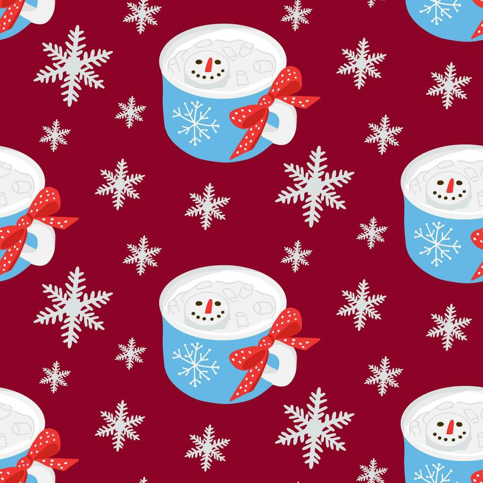 Weihnachten Muster mit heiß Schokolade Becher und Schneeflocken. süß Winter heiß trinken mit Mäusespeck Schneemann. nahtlos Design zum Dekoration, Verpackung Papier, Textil, Hintergrund, Banner, Sozial Medien vektor