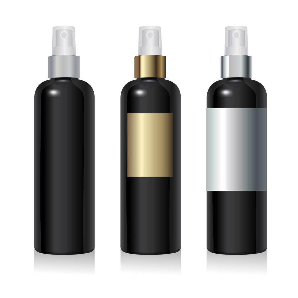 svart plast flaska attrapp med annorlunda etiketter. runda plast förpackning med silver- och guld spray isolerat på vit bakgrund. rena sällskapsdjur behållare vektor