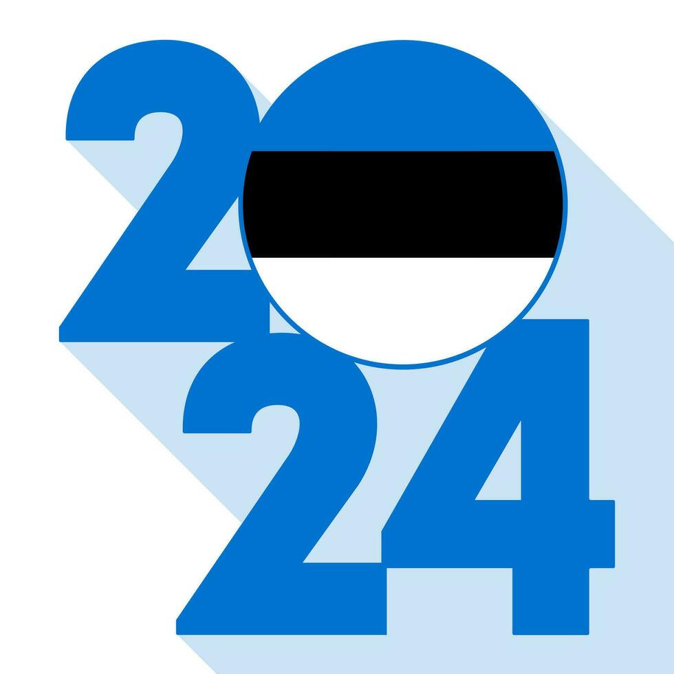 glücklich Neu Jahr 2024, lange Schatten Banner mit Estland Flagge innen. Vektor Illustration.