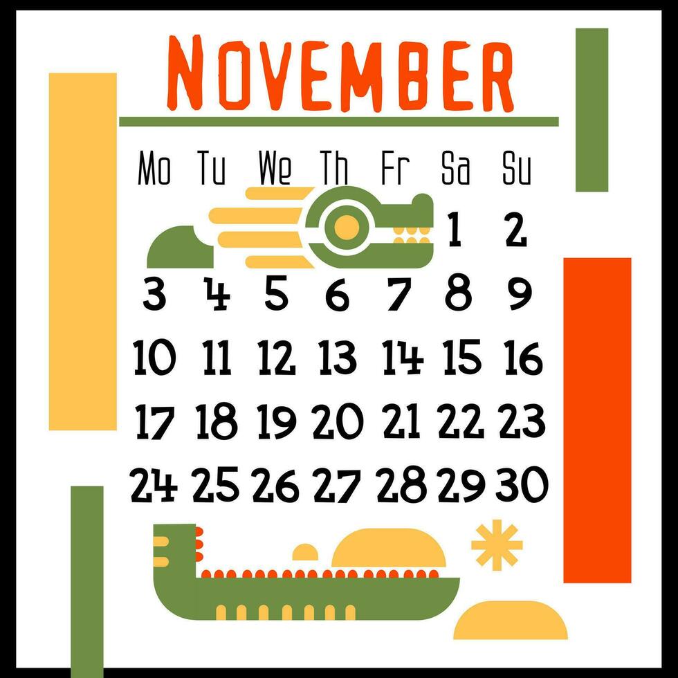 Platz Kalender Seite zum November 2024 mit ein Grün geometrisch Drachen. isoliert auf ein Weiß Hintergrund. das Symbol von das Jahr von das Drachen. das Drachen mit das zuerst Schnee. Vektor Illustration. Farbe