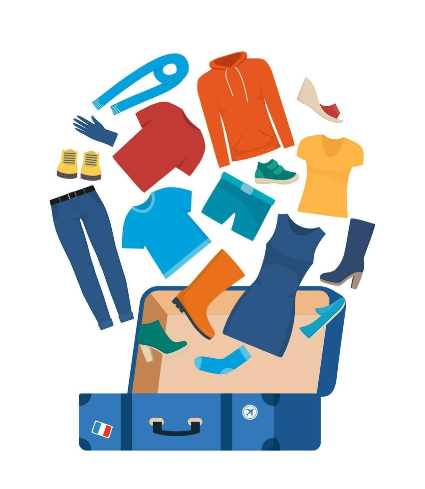 massor av annorlunda kläder och resväska. förpackning bagage för företag resa eller semester. kläder och resa väska. vektor illustration.