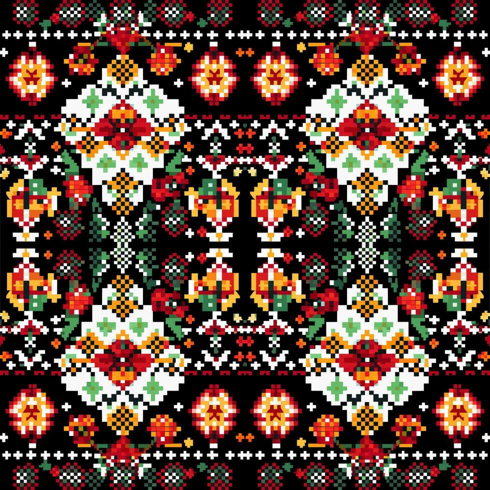 geometrisch ethnisch Muster, Kreuz Stich, Pixel Muster, Design zum Kleidung, Stoff, Hintergrund, Hintergrund, Verpackung, Batik, Strickwaren, Stickerei Stil, aztekisch geometrisch Kunst Ornament drucken vektor