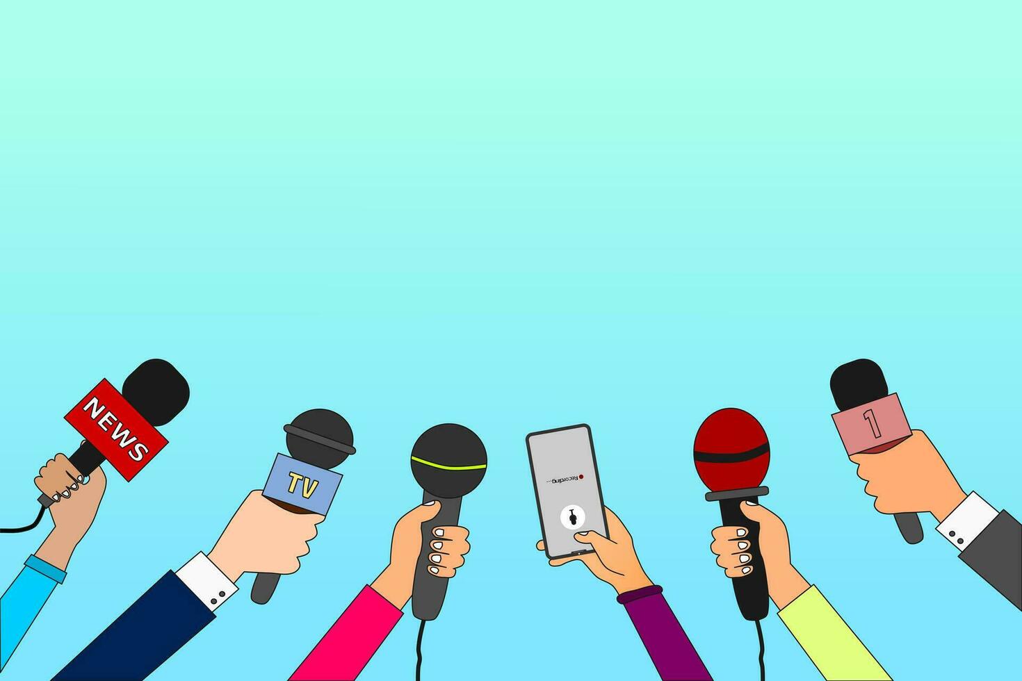 Journalist Hände mit Mikrofone und Smartphone. Reporter mit Mikrofone nehmen Interview zum Nachrichten übertragen, Drücken Sie Konferenz oder Nachrichtensendung. Medien Vektor Konzept.