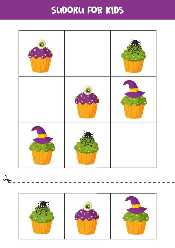 Sudoku-Spiel für Kinder mit Cartoon-Halloween-Cupcakes. vektor
