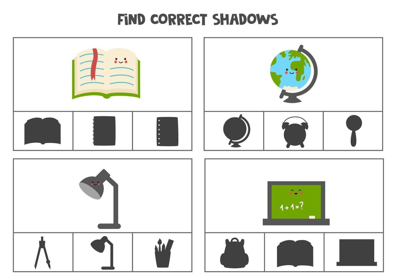 Finden Sie den richtigen Schatten von niedlichen Kawaii-Schulbedarfsartikeln. vektor