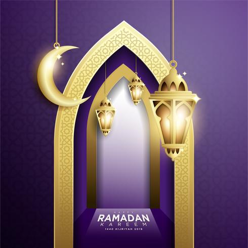 Ramadan Kareem med Hanging Fanoos Lantern &amp; Mosque Bakgrund vektor