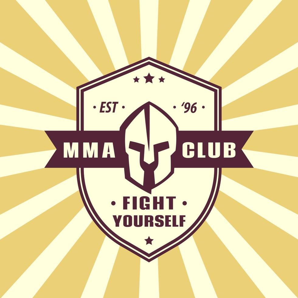 mma club vintage emblem mit spartanischem helm auf schild, vektor