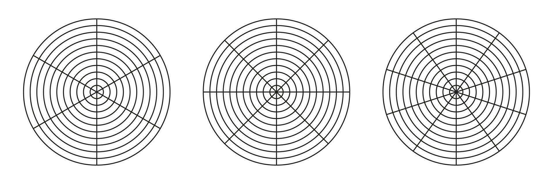 hjul av liv mall. enkel coaching verktyg för visualisera Allt områden av liv. cirkel diagram av liv stil balans. polär rutnät med segment, koncentrisk cirklar. tom av polär Graf papper. vektor. vektor