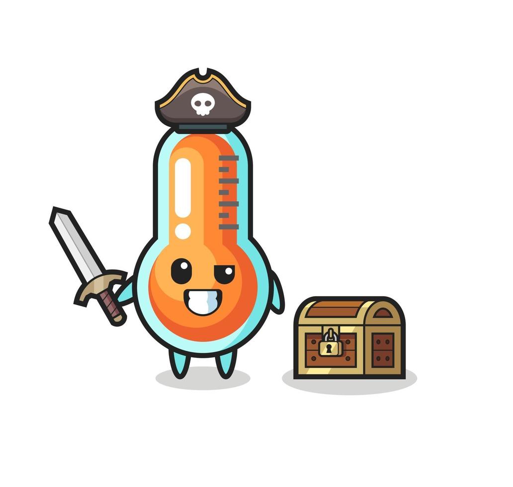 der Thermometer-Piraten-Charakter, der ein Schwert neben einer Schatzkiste  hält 3394626 Vektor Kunst bei Vecteezy