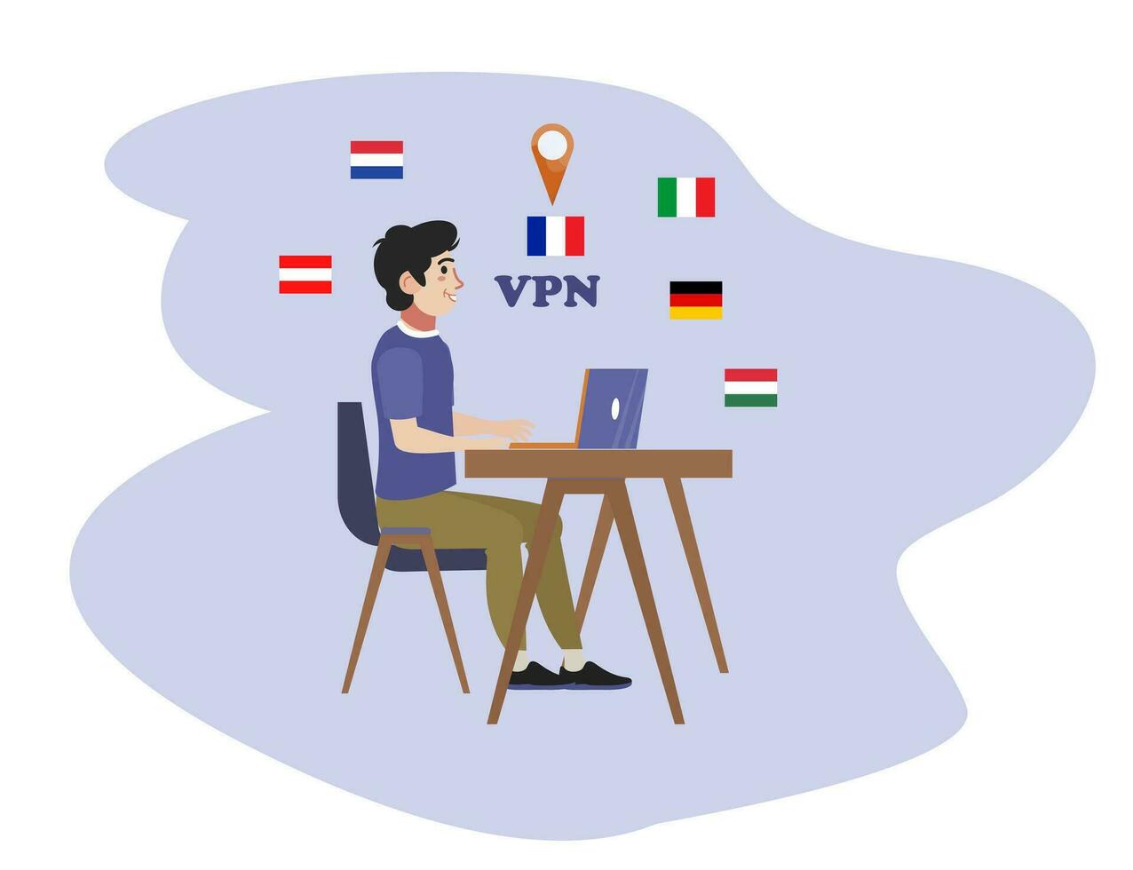 vpn Konzept. virtuell Privat Netzwerk Anwendung. Mann mit vpn auf das Computer. eben Vektor Design Illustration.