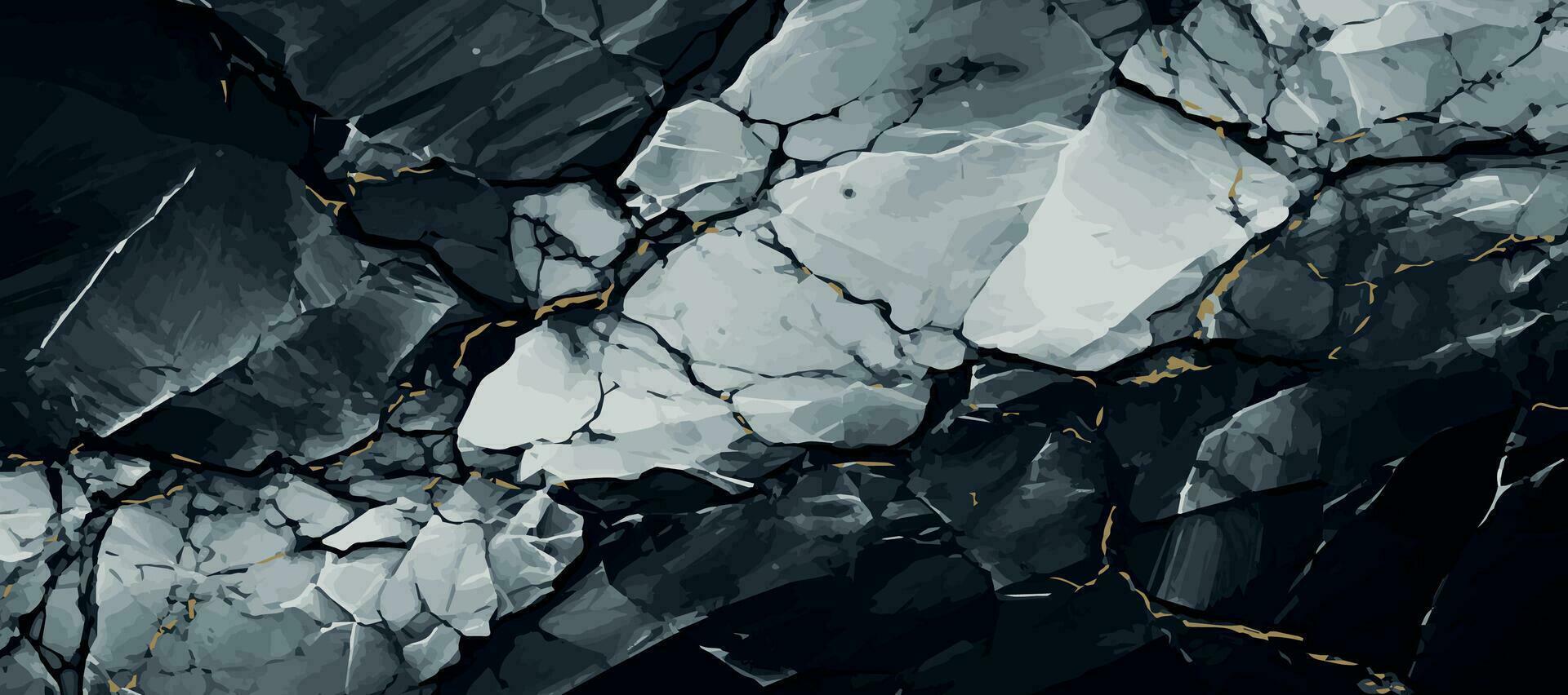 svart marmor textur design, mörk marmor yta, böjd gyllene rader, abstrakt panorama- bakgrund design - vektor