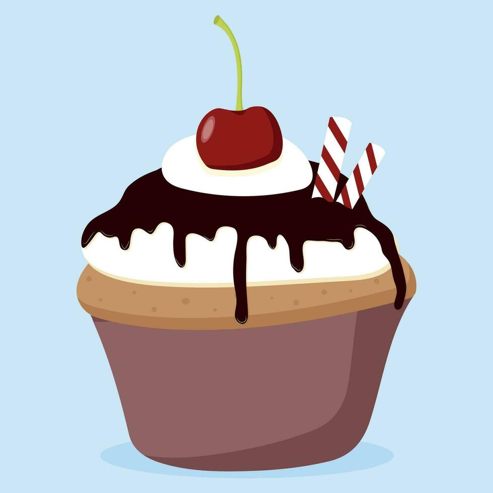 Schokolade Kuchen mit Kirsche. Süss Cupcake mit Schokolade. Vektor Illustration von Nachtisch.