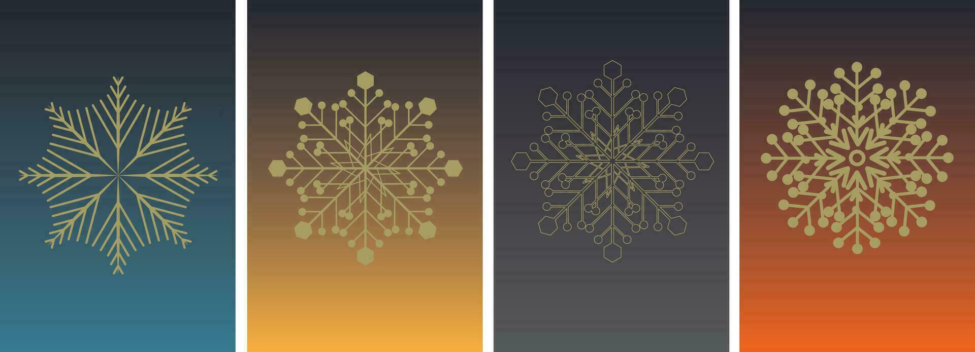 Sammlung von Schneeflocke Vielfalt Symbole. golden Eis Kristall Schneeflocken auf Farbe Gradient Hintergrund. Winter Symbol. Weihnachten Logo unterzeichnen. Vektor Illustration.