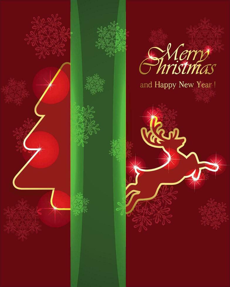 fröhlich Weihnachten und Neu Jahr einstellen von Gruß Karten, Poster, Urlaub Abdeckungen. Weihnachten Design mit Weihnachten Baum und Rentier auf rot Hintergrund. Schreiben fröhlich Weihnachten und Neu Jahr. vektor
